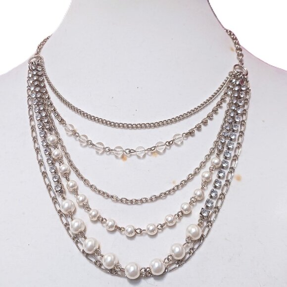 Hand Crafted Jewelry - Handmade Vintage Silver Tone Faux Pearl and Rhinestone Fashion Bib Necklace